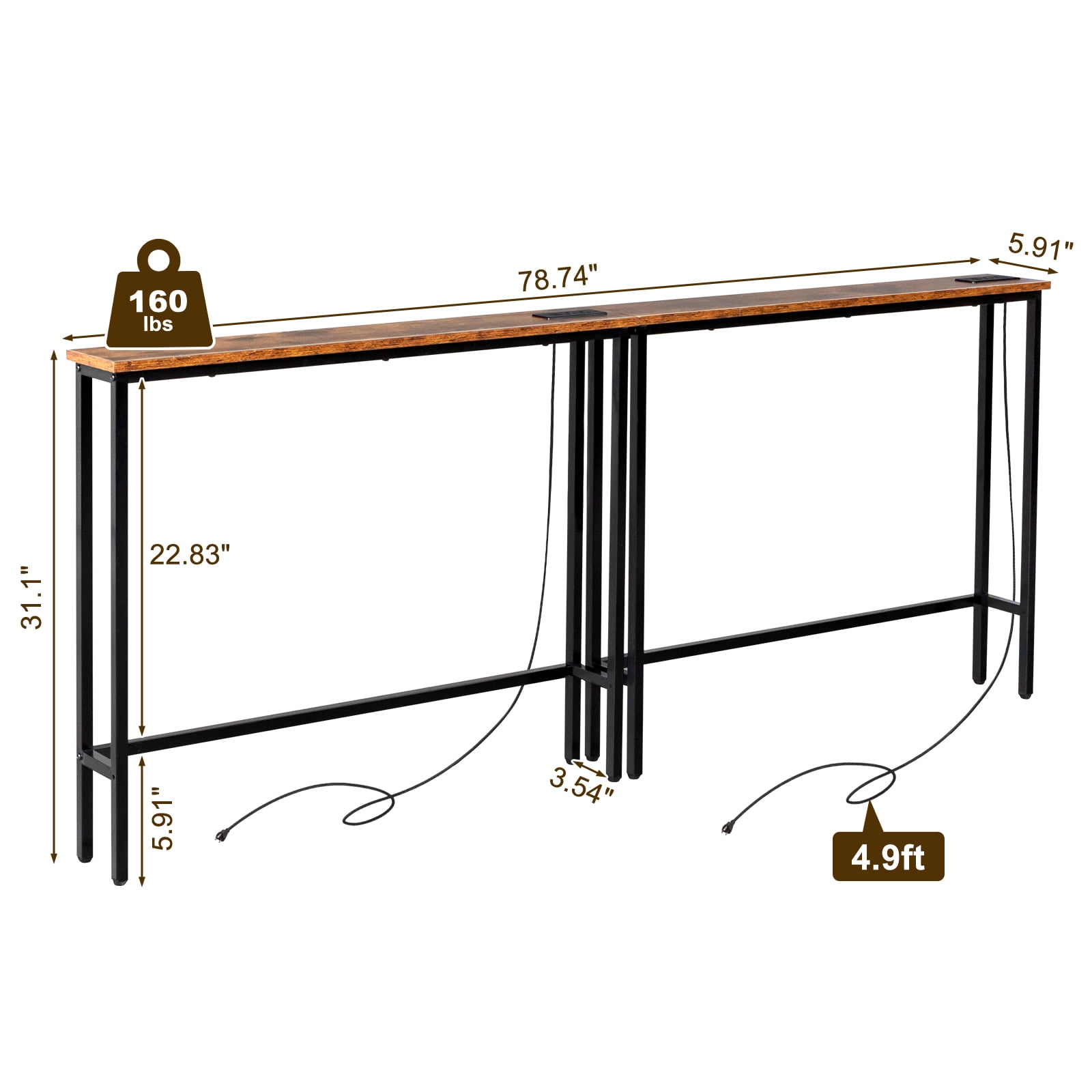 2 Pack 39.4" Narrow Console Sofa Table with Power Outlets and USB Ports, Long Couch Table with Metal Frame and Charge Station with 4.9ft Extension Cord, Rustic Brown