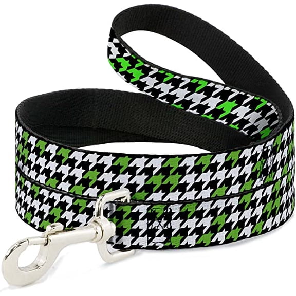 Dog Leash Houndstooth Black White Neon Green 4 Feet Long 0.5 Inch Wide