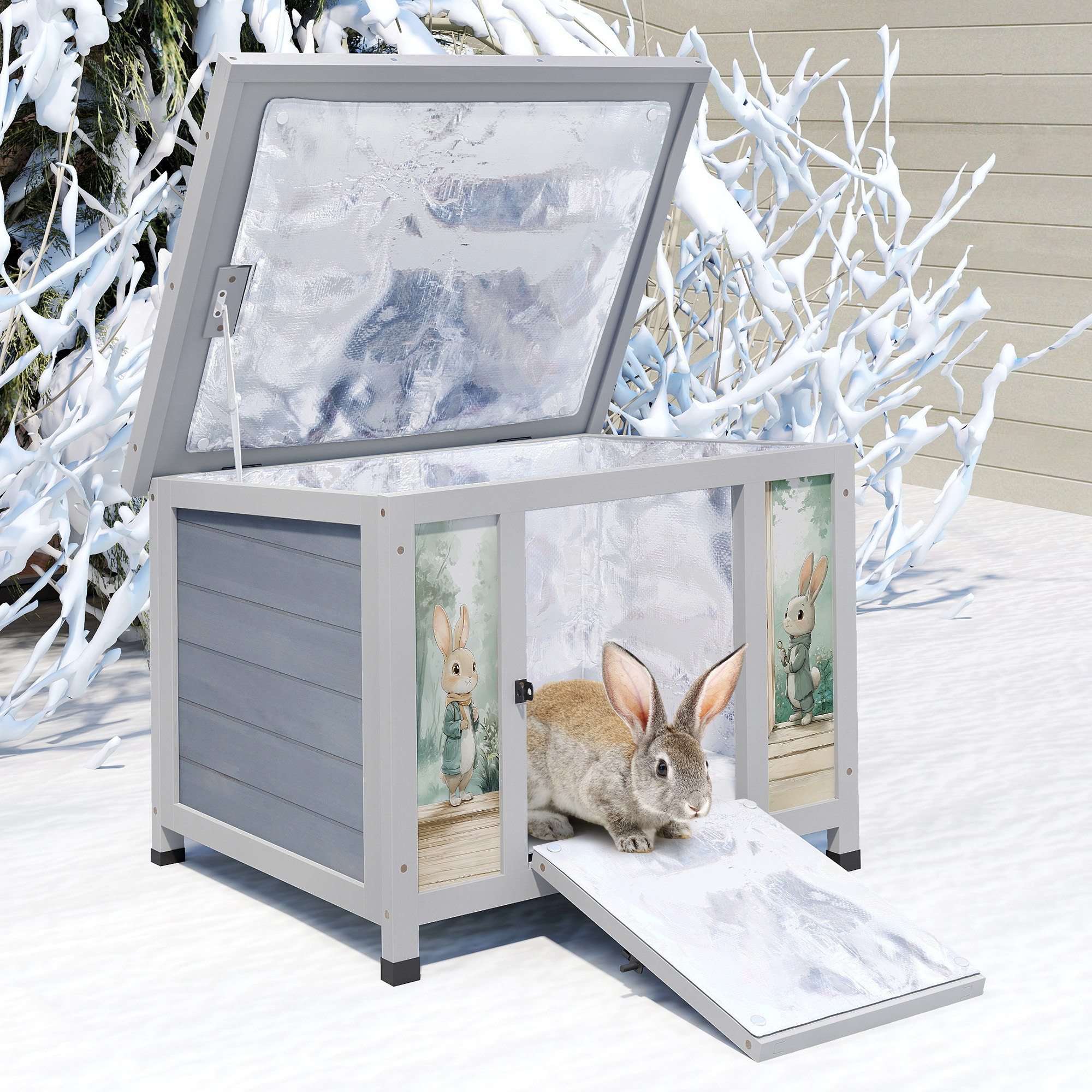 24'' Heated Small Rabbit Hutch for Winter, Cat House Outdoor Indoor with Warm Liner, Waterproof Structure, Suitable for Cats, Rabbits, Small Pets (Grey)