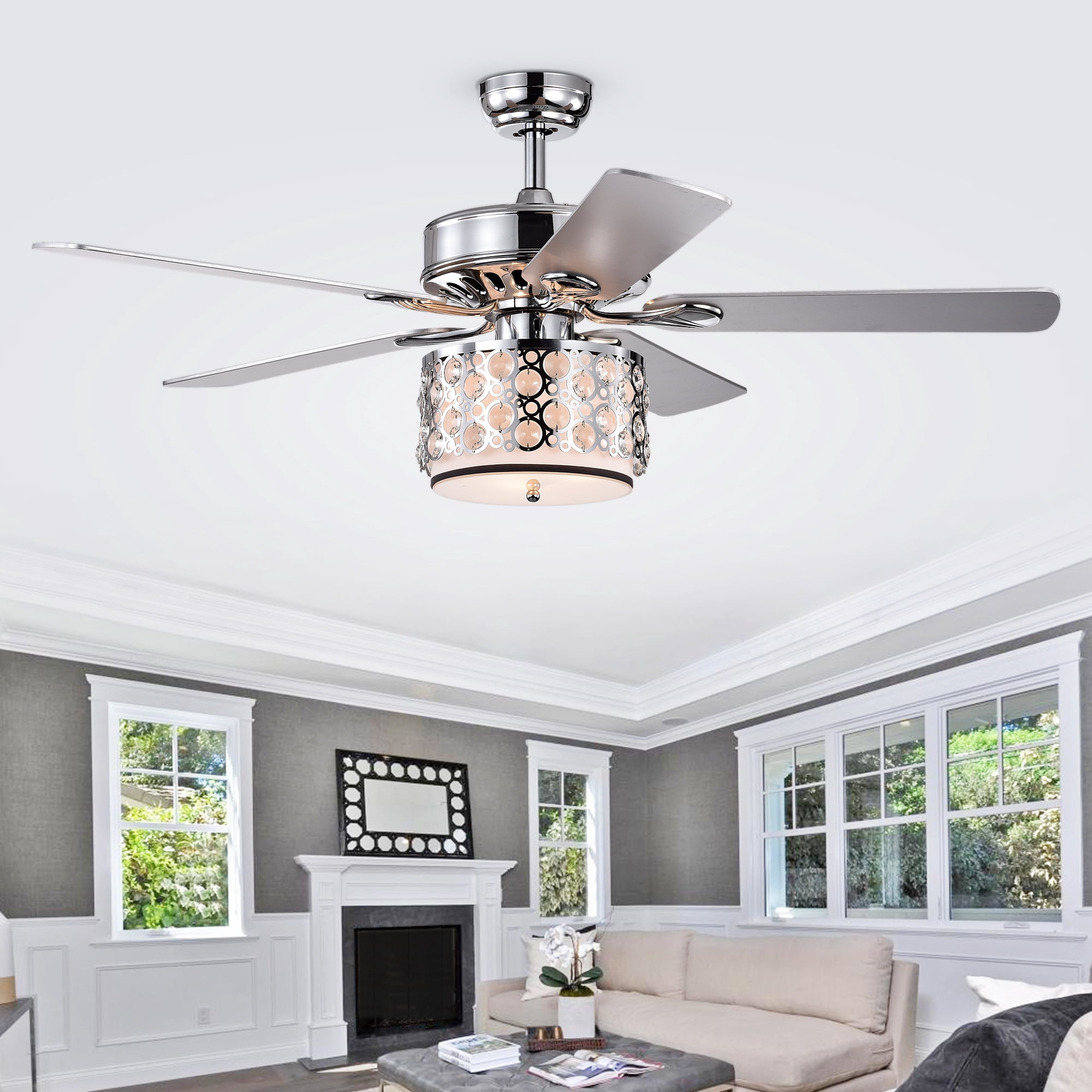 Warehouse of Tiffany Shepherd 52-inch 5-Blade Lighted Ceiling Fan with Chrome and Glass Shade Remote Controlled