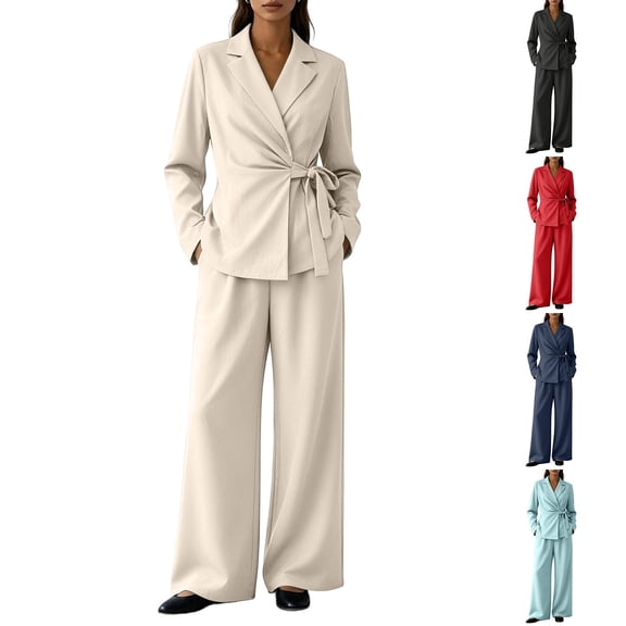 Women's 2 Piece Outfits Matching Lounge Sets Wrap Tops and Pants Fall Business Suit Set Dressy Pantsuits Women's Casual Business Office Suit
