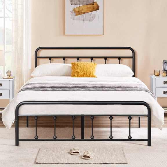 VECELO Queen Size Bed Frame with Headboard, Heavy Duty Platform Bed Frame, No Box Spring Needed, Under Bed Storage Space, Black