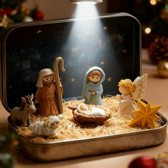 Taicans ‌Mini Christmas Nativity Set - 3D Tin Box with LED Star & Figurines,DIY Holiday Decor,Christmas Gift for Kids & Adults,Religious Christmas Decorations,2025 Holiday Decor‌