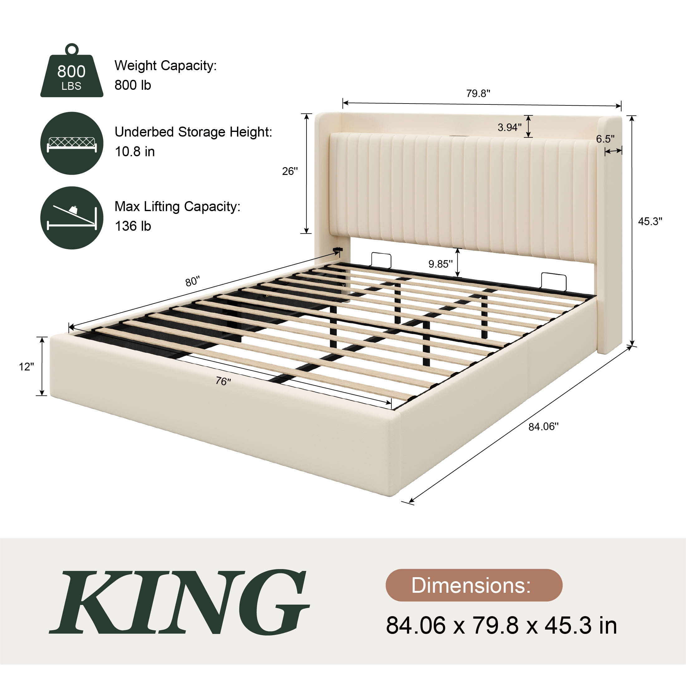 Amolife King Size Lift Up Storage Platform Bed Frame with Velvet Built-in Charging Station Wingback Headboard, Cream