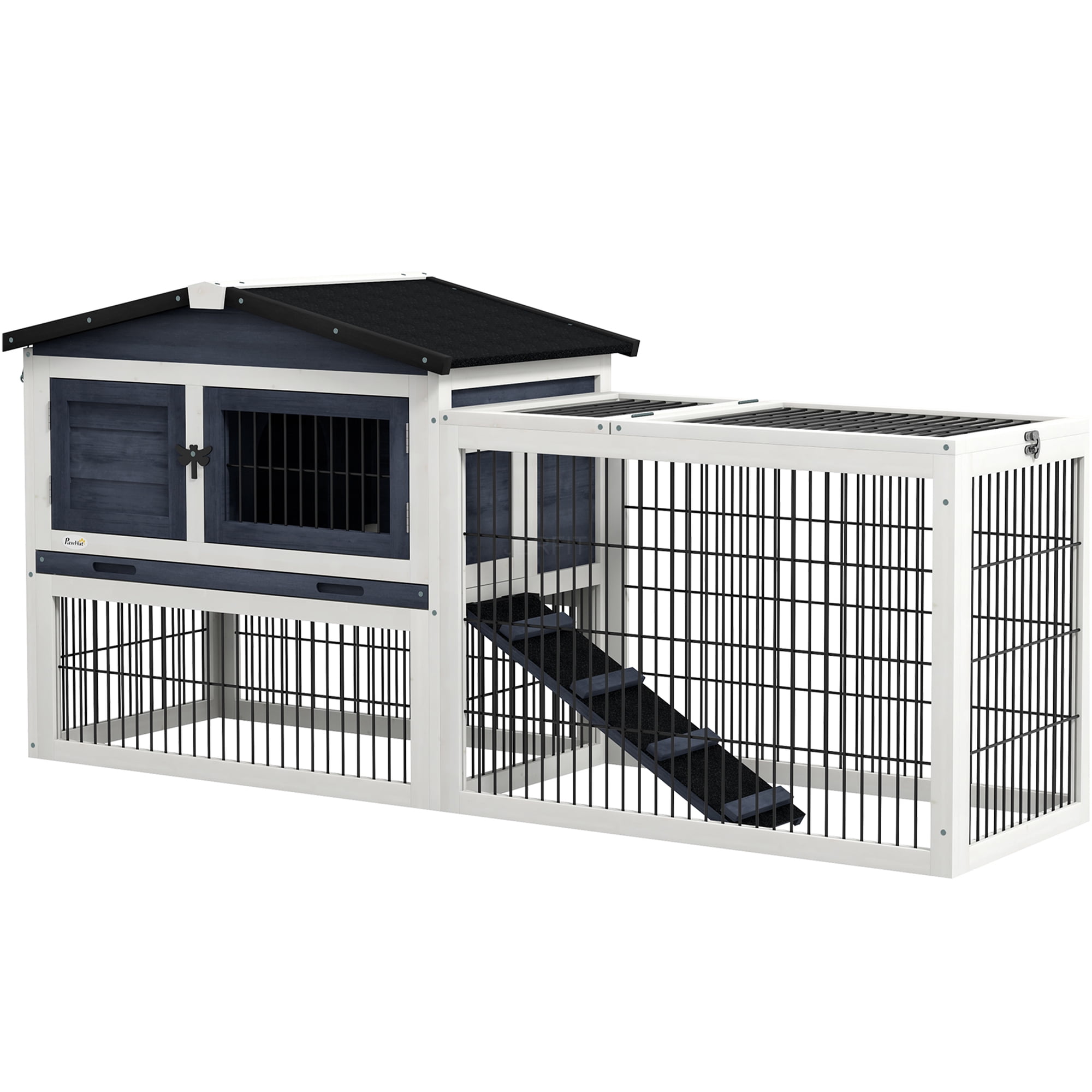 JERFIT 59" Large 2-Tier Outdoor Rabbit Hutch with Weatherproof Asphalt Roof, Removable Tray & Ramp, Gray Wooden Bunny Cage House with Run