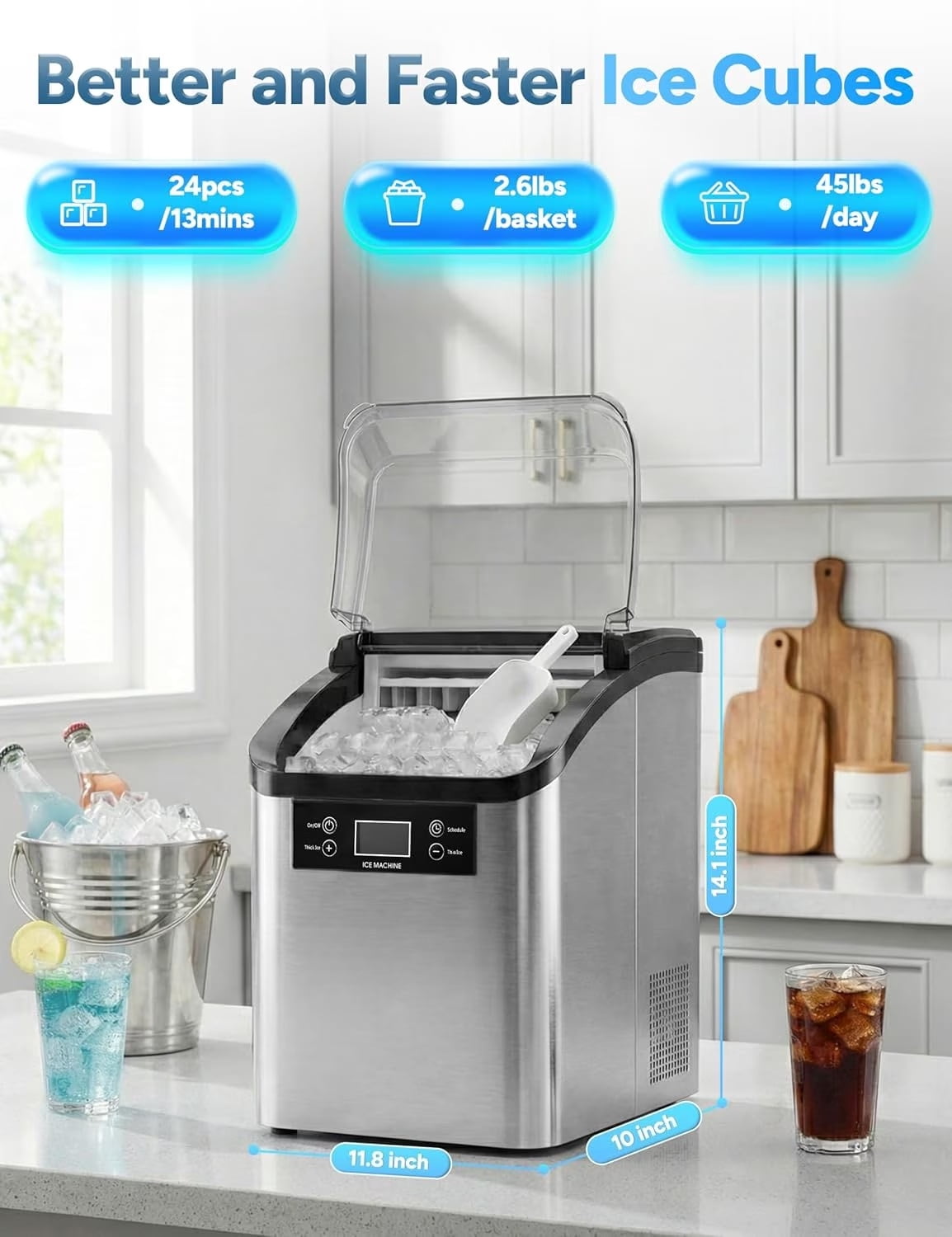 Countertop Ice Maker, 45Lbs/Day Clear Ice Cube Maker with Self-Priming Water Supply, 24 Cubes Ready in 13 Mins, 6 Ice Thickness Levels, Stainless Steel Ice Maker Machine for Home Kitchen Office Bar