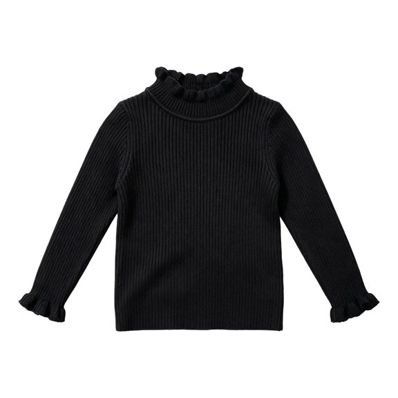 AUDeals Girls Ruffled Trim Ribbed Knit Turtleneck Sweater Long Sleeve Slim Fit Knitted Top Toddler Baby Kids Casual Layering Wear (Black, 5-6 Years)