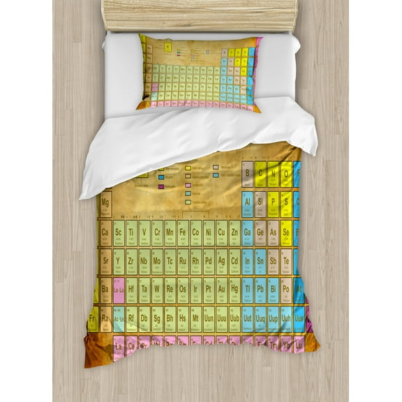 Periodic Table Duvet Cover Set Twin Size, Chemistry Elements for Classroom Geek Science Lovers Vintage Style Print, Decorative 2 Piece Bedding Set with 1 Pillow Sham, Multicolor, by Ambesonne