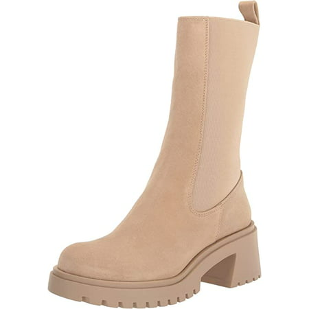 

Steve Madden Hesitant Sand Suede Block Heel Pull On Mid Calf Fashion Moto Boots (Sand Suede 11)