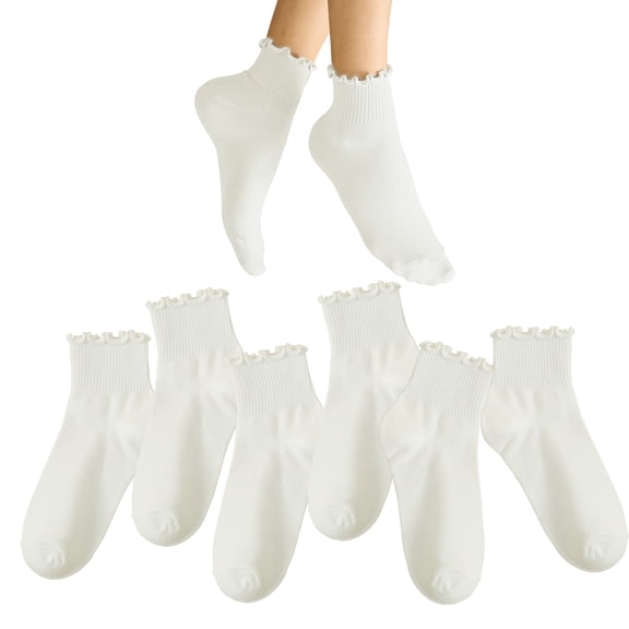 Livease 6 Pairs White Ankle Socks Women, Cute Ruffle Sock for Girl Women, Crew Frilly Sock