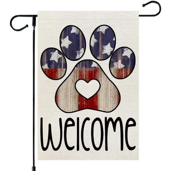 Shmbada 4th of July Patriotic Garden Flag Paw Print 12x18 Inch Double Sided Independence Day Outside Welcome Small Yard Decoration