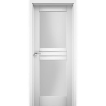 Solid French Door Opaque Glass 4 Lites 24 x 96 inches / Mela 7222 White Silk / Single Regular Panel Frame Handle / Bathroom Bedroom Modern Doors