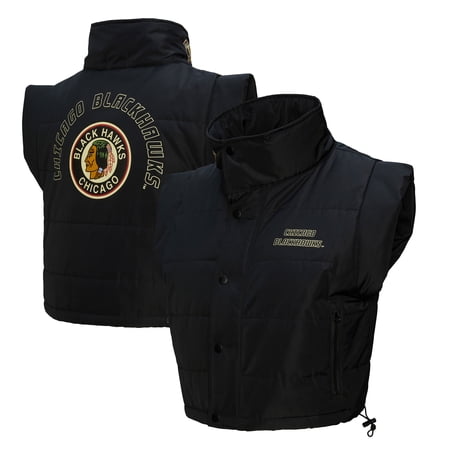 Women s-Mitchell & Ness Black Chicago Blackhawks Cropped Full-Zip Puffer Vest