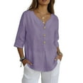 thumbnail image 6 of 3/4 Sleeve Tops for Women Cotton Linen Oversized V Neck Button Short Sleeve T Shirts Summer Casual Solid Plus Size Loose Comfy Three Quarter Sleeve Tee Shirt, 6 of 8