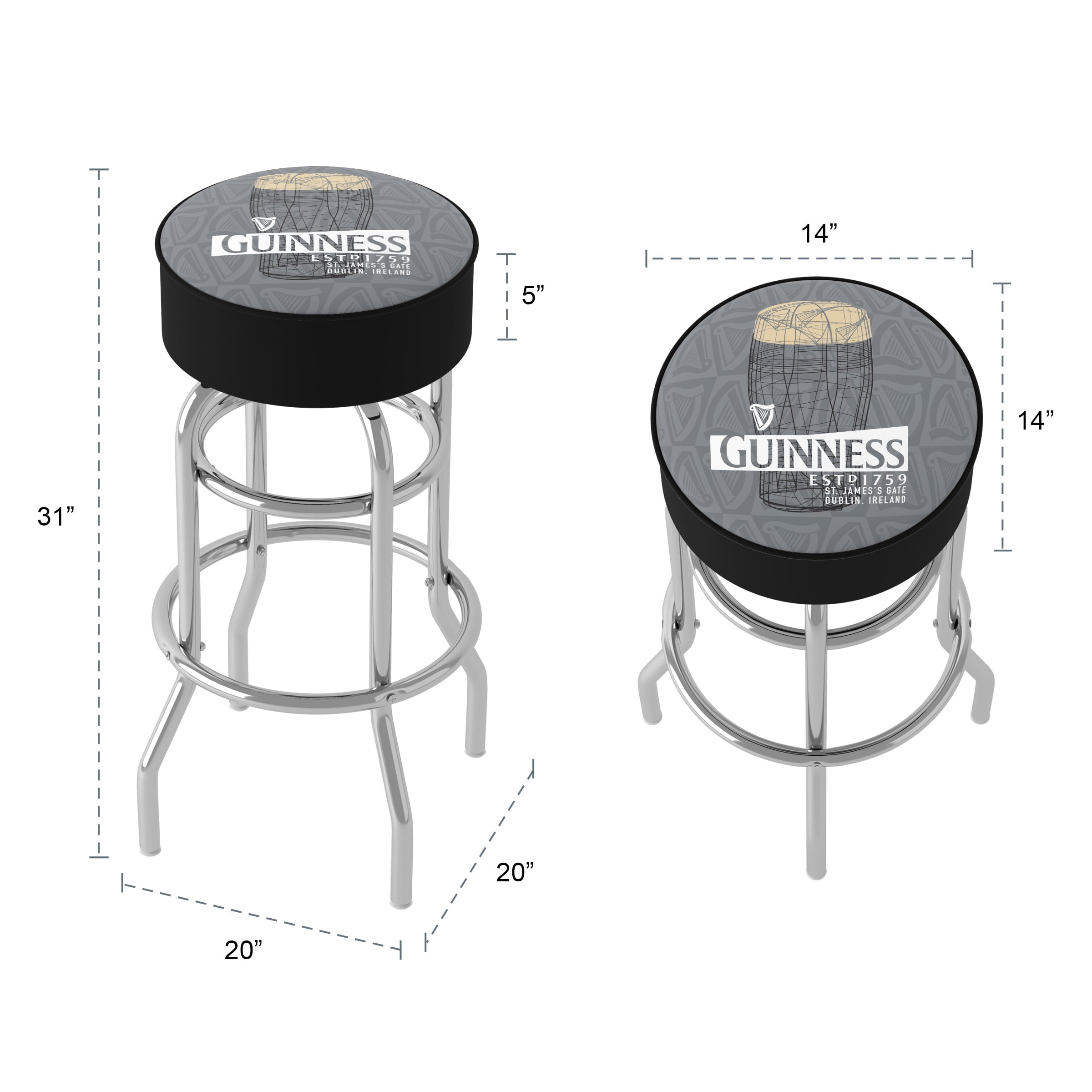 Trademark Gameroom Guinness Line Art Pint Bar Stool with Padded Seat