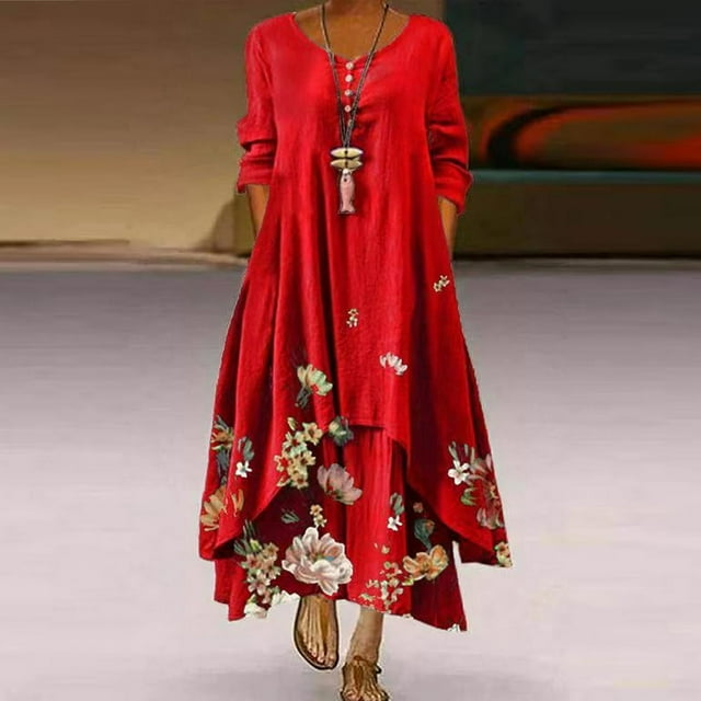 Robe Maxi d'Été pour Femmes à Manches Mi-Longues, Col, Décontractée, Ample, Longue, de Plage, à Boutons, Grande Taille, Robe Bohème, Robe Soleil, Froncée, Fluide, Longue pour Femmes