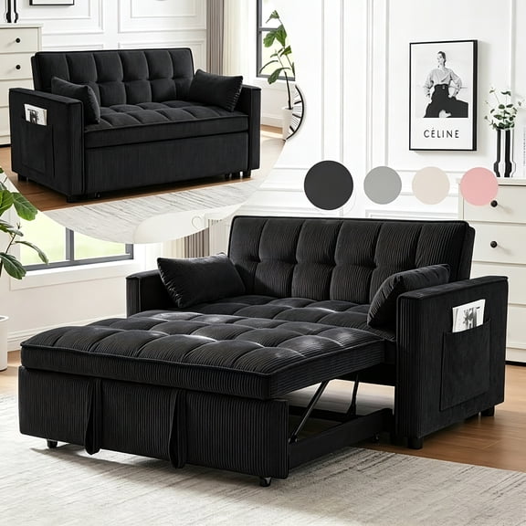 Bellemave Sleeper Sofa Bed 3-in-1 Convertible Couch with Pullout Bed, Futon 2-Seater Loveseat with Toss Pillows and Storage Pockets, 3 Level Adjustable Backrest Sofa for Living Room (Black)
