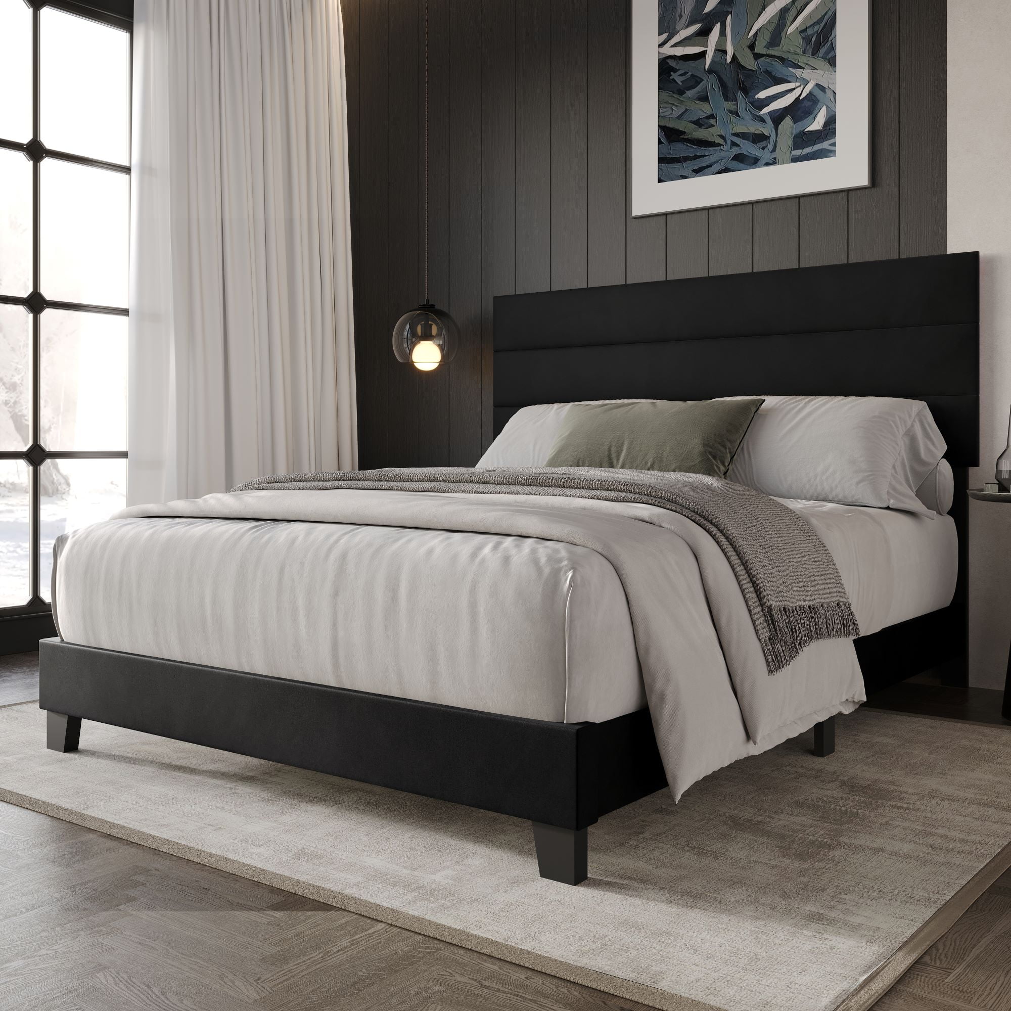Home Design Vallejo Queen Velvet Upholstered Panel Bed Frame For Adult, Box Spring Required, Black