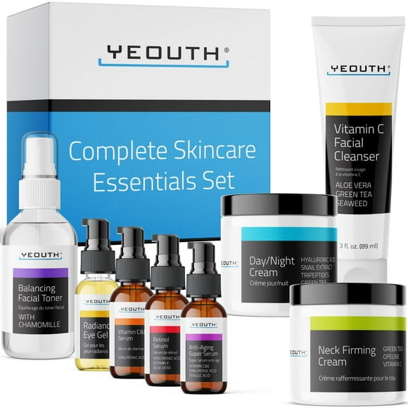 YEOUTH Skin Care Set: Retinol Serum with Hyaluronic Acid, Vitamin C & Super Face Serum, Cleanser, Toner, Eye Gel, Neck Cream, Face Cream 8-Piece