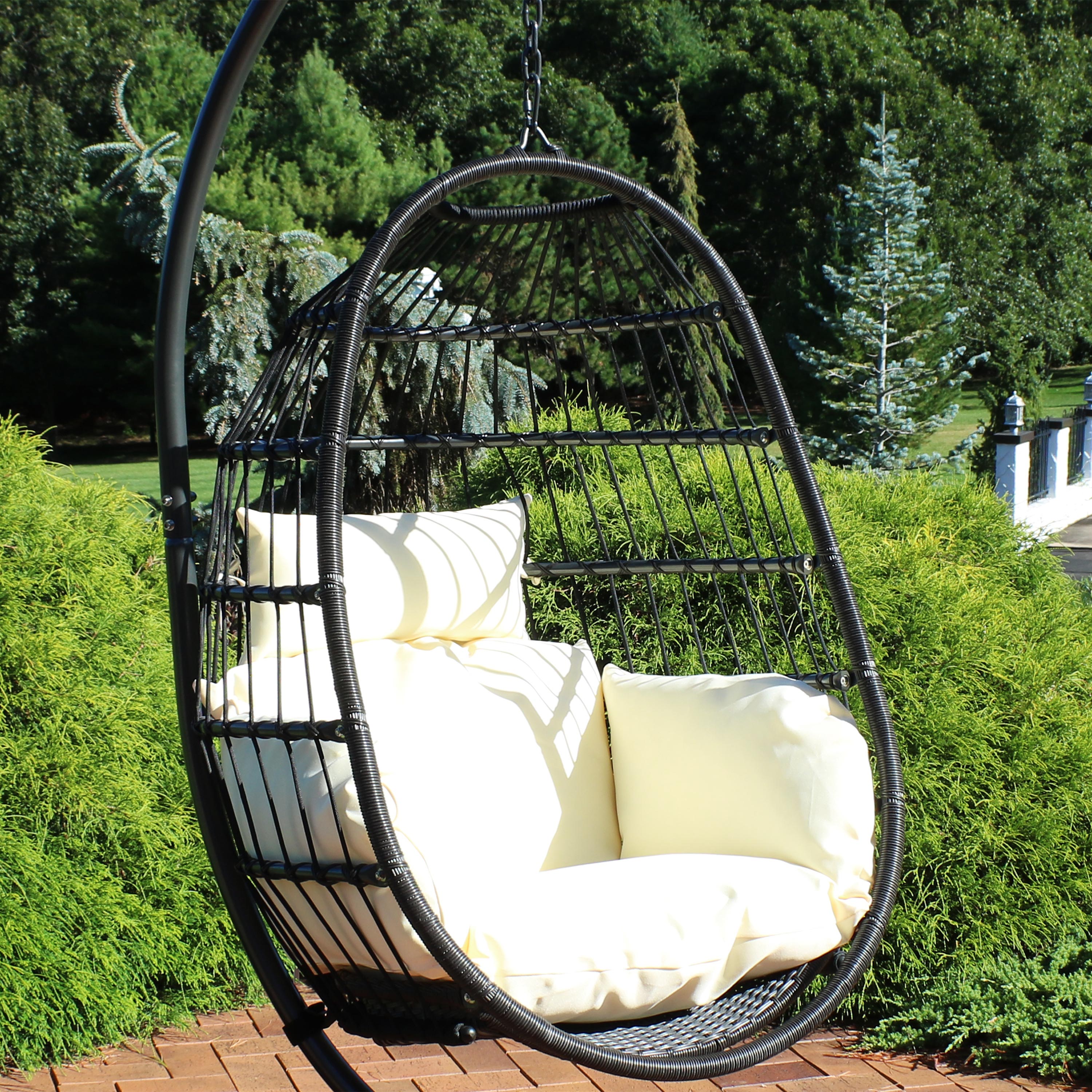 Sunnydaze Penelope Outdoor Hanging Egg Chair with Seat Cushions - Cream - image 2 of 9