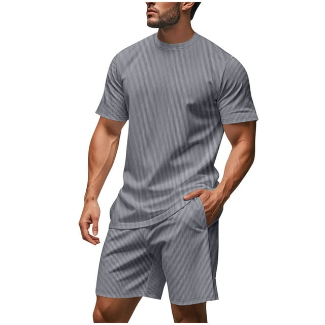 Pantalones Elásticos de Cintura para Hombre, Nuevo Estilo de Color Sólido, Cuello Redondo con Cordón Superior de la Cintura Pantalones Cortos Conjuntos