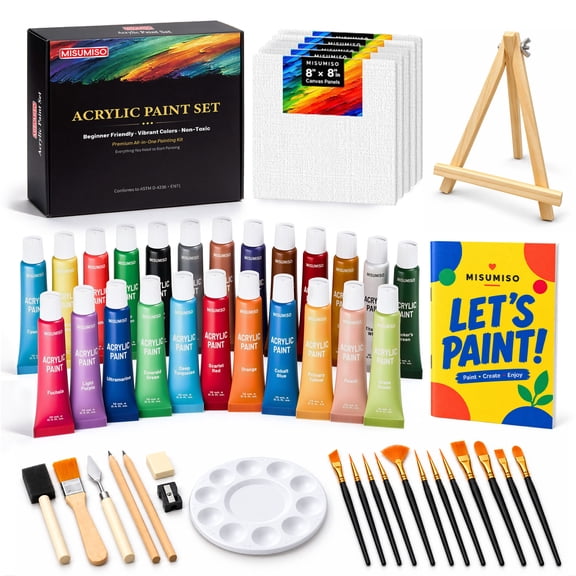 MISUMISO 24 Color Acrylic Paint Set with Easel, Canvas Panels, Brushes & Palette for Beginners