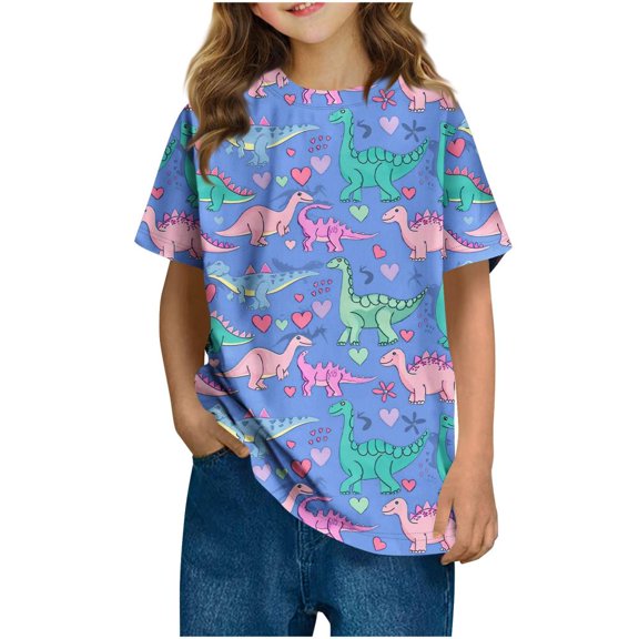 Bxsruta Girls T Shirts, Toddler Kids Boys Girls Little Dinosaur Print T-shirt Fashion Cute Round Neck Print Short Sleeve T-shirt, Multicolor 3 Years