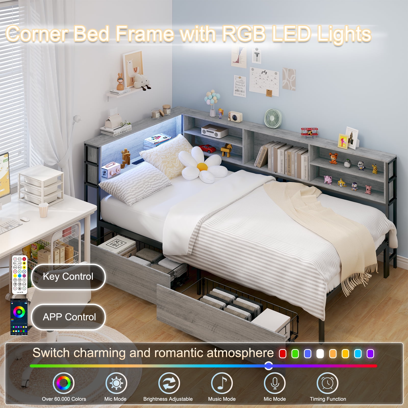 Yoneston Twin Corner Bed with Bookcase Headboard & Charging Station, Platform Bed Frame with LED Lights & 2 Storage Drawers for Bedroom Living Room, Gray