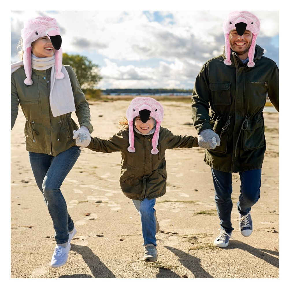 DolliBu Pink Flamingo Plush Hat - Cute Tropical Bird Flamingo Costume Funny Hat with Ear Flaps with Cozy Fleece, Novelty Hats for Kids, Teens, and Adults - One Size