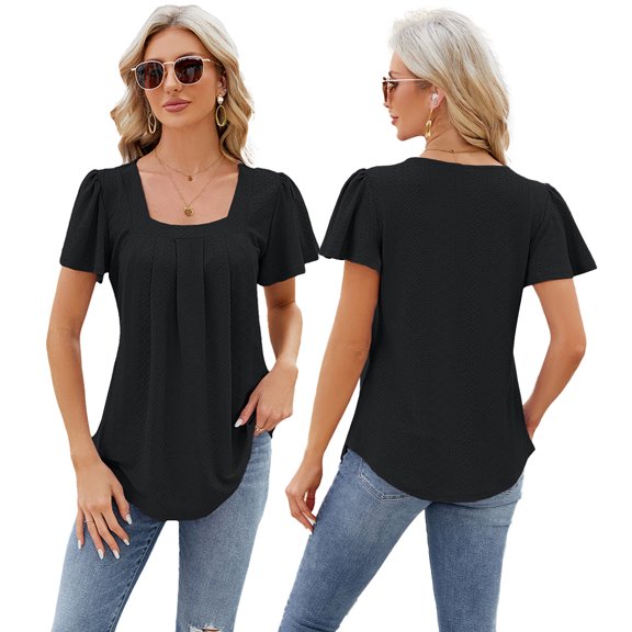 Fjuchai Women's Cotton T-Shirts Loose Tee Short Sleeved Shirts Summer Casual Square Neck Tops S-XXL