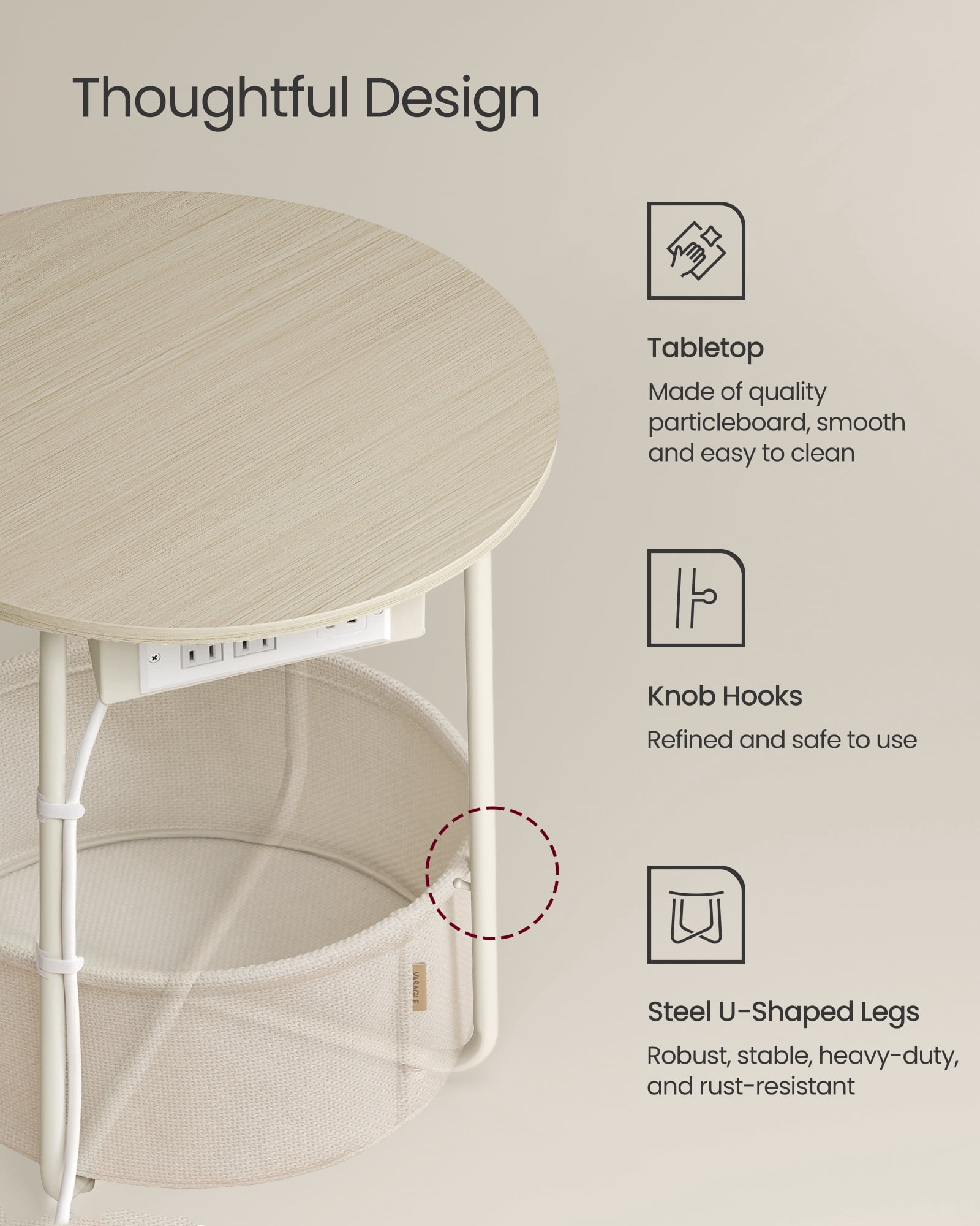 VASAGLE LILEA Collection - Side Table with Charging Station, Round End Table with Fabric Basket, Nightstand with USB Ports, for Living Room, Bedroom, Modern, Cream White