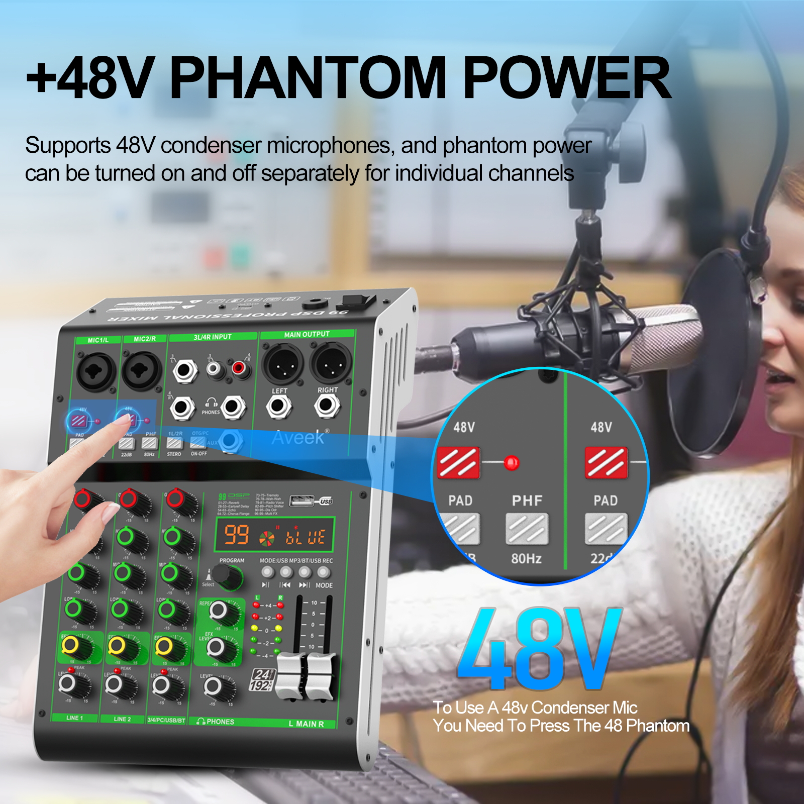 Aveek 4 Channel Audio Mixer, Professional Sound Board Mixing Console with Bluetooth USB, 48V Phantom Power & 99 DSP Effects for Karaoke Studio PC Recording Live Streaming