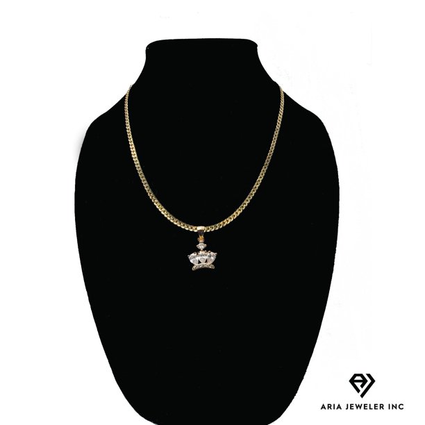 Collar de oro de 14 quilates con colgante de corona de diamantes, el mejor regalo unisex para madre, padre, novia, novio, ella, él, collar de cadena cubana de 14 quilates de Aria Jeweler Inc Aria Jeweler Inc Fashion