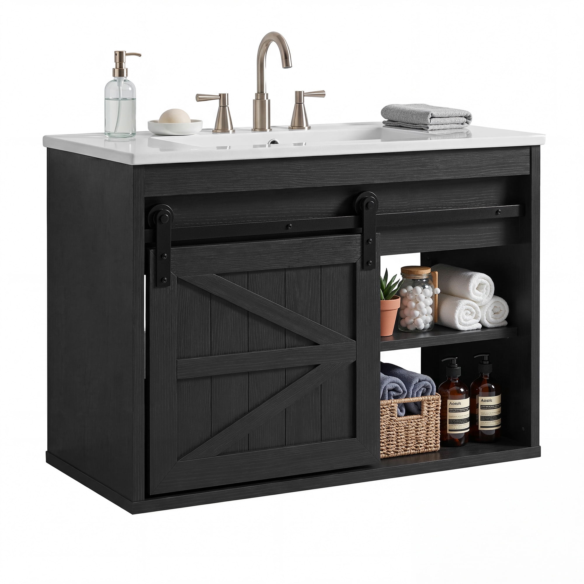 Uforic 24 Inch Farmhouse Floating Bathroom Vanity with Ceramic Sink, 7-Color LED Ambient Light & Sliding Barn Door for Small Compact Bathroom Spaces, Black