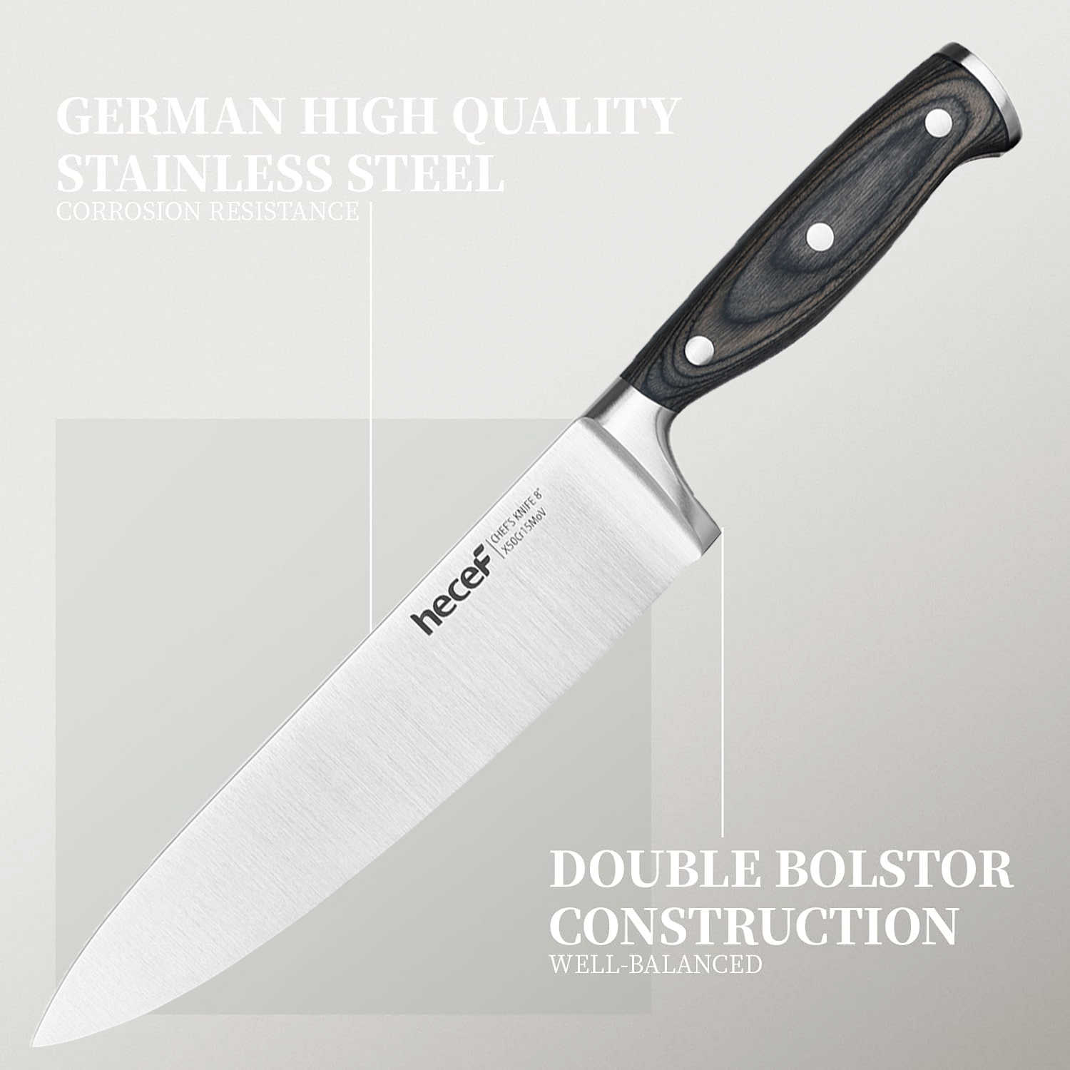 Hecef 3-Piece Knife Set, German Stainless Steel Ultra Sharp Chef, Santoku, Paring Knife with Gift Box