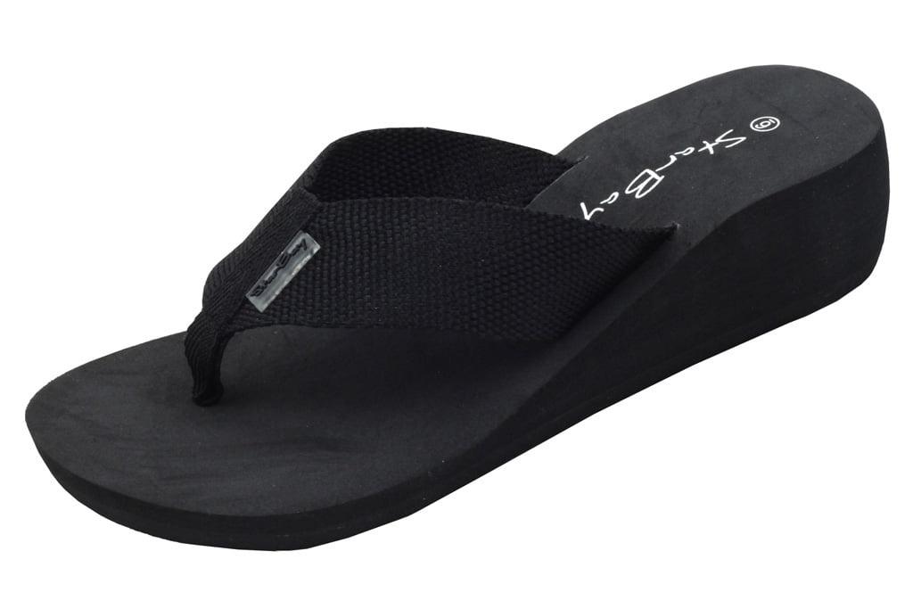 StarBay Women's Comfort Wedge Canvas Thong Flip Flop Sandal in Black