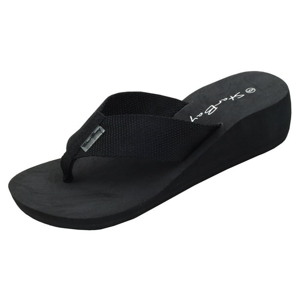 StarBay Women's Comfort Wedge Canvas Thong Flip Flop Sandal in Black ...