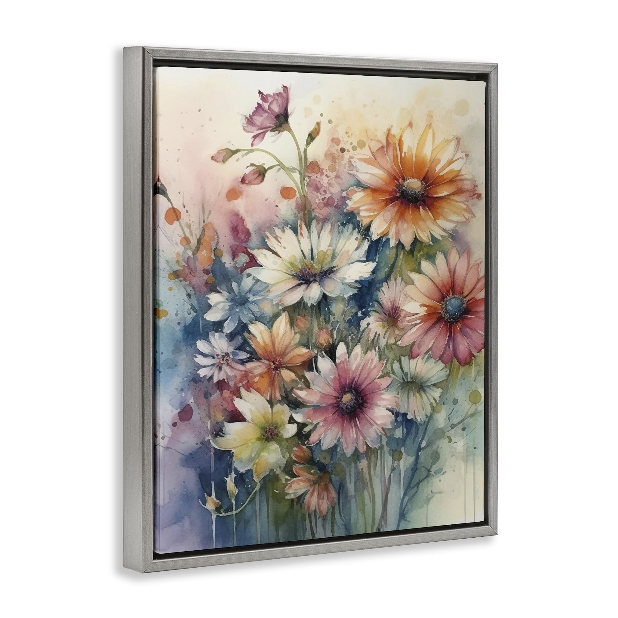 Stupell Industries Wild Bright Daisies Plants & Flowers Painting Gray Floater Framed Canvas Art Print Wall Art, 25 x 31
