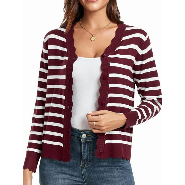 Cardigans pour Femmes, Chandails à Manches Longues, Décontractés, Légers, Boutonnés, Col en V, Chandail d'Automne, Rayures Rouge Foncé, m