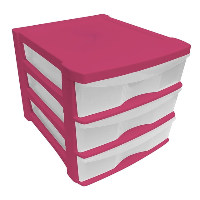 cajonera plastic trends escritorio 3 niveles rosa cajonera de plástico rosa con tres cajones translúcidos blancos, vista 3/4 frontal; diseño compacto para organización de artículos pequeños en escritorio, ideal para oficina, estudio o habitación; a menudo se usa también para ordenar papelería y accesorios de manualidades.