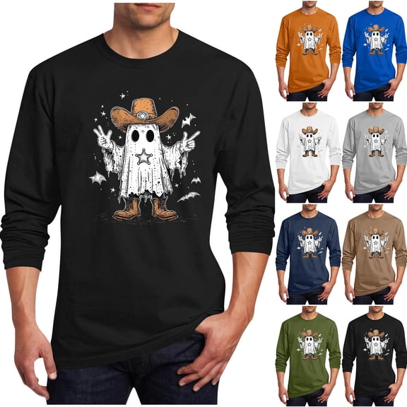 Stamzod Halloween Shirts for Men Long Sleeve Crew Neck T-Shirts Casual Loose Workout Tee Shirts Mens Fashion Clothing XL