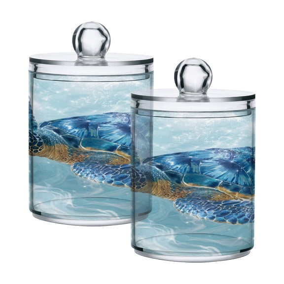WOBOGO Blue Sea Turtle Transparent Plastic Jar 2pcs Cotton Swabs Balls Pads Floss Stick Dispenser Bathroom Vanity Storage Organizer