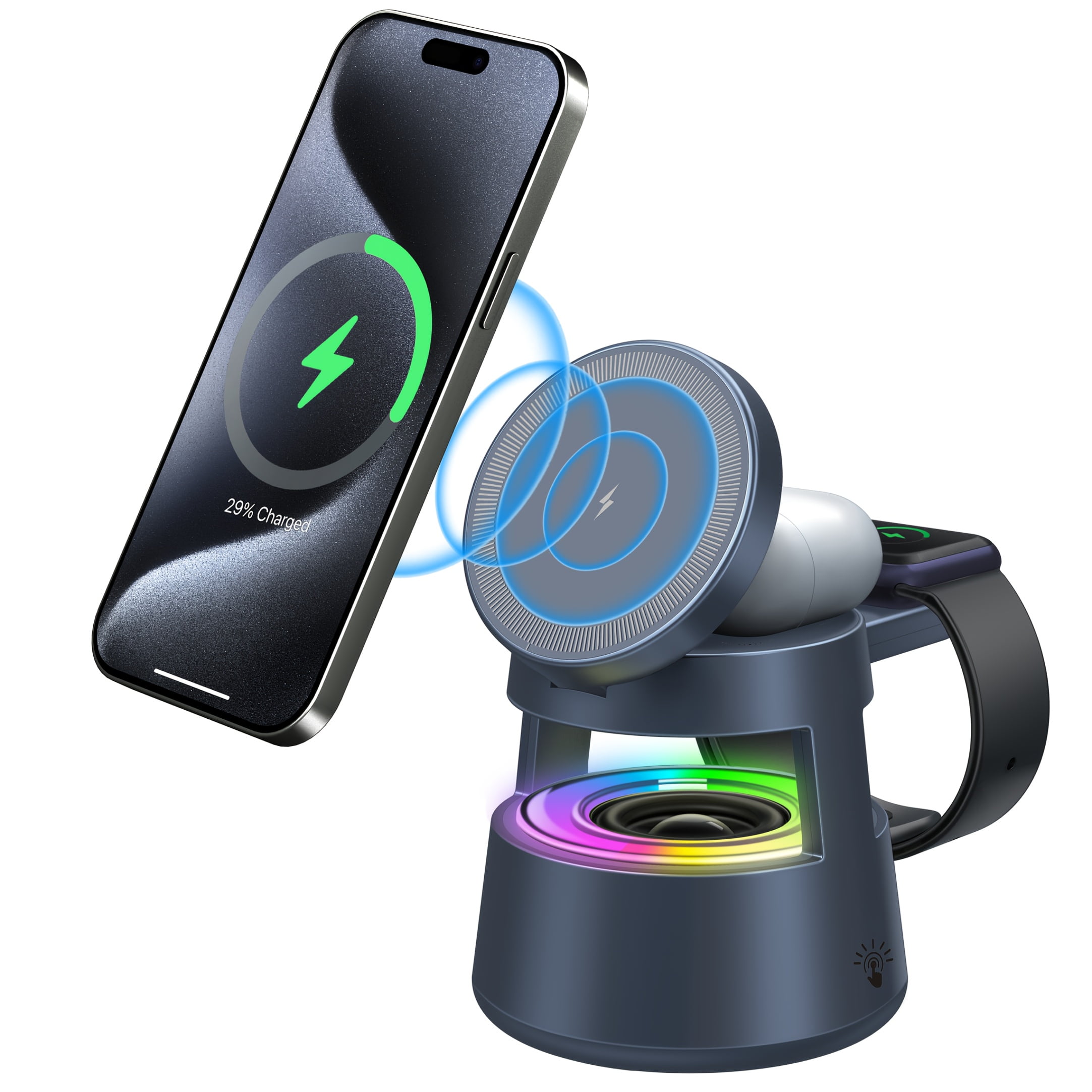 5-in-1 Magnetic Wireless Charger Stand with 15W Fast Charging, LED Night Light & Home Hub - for iPhone 17/16/15/14 Pro Max Mini, Apple Watch 9/8/7/SE/6/5/4/3/2, Airpods 3/2/pro - USB-powered