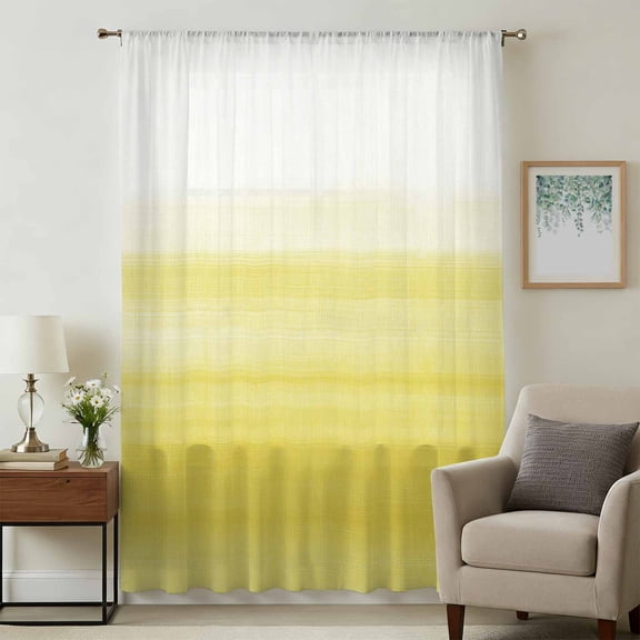 Yellow White Ombre Sheer Curtains 45 Inches Long, Farmhouse Funny Gradient Striped Light Filering Curtains, Breathable Simi Curtain Privacy Drapes for Kitchen Bathroom Small Window Treatment