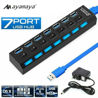 7-Port USB Hub 3.0 Powered with Cable and Plug, AYAMAYA USB Splitter Extender with Independent ON/OFF Switch and LED Indicators, USB Adapter for Laptop, PC MacBook Mac Pro/Mini iMac[With Plug]