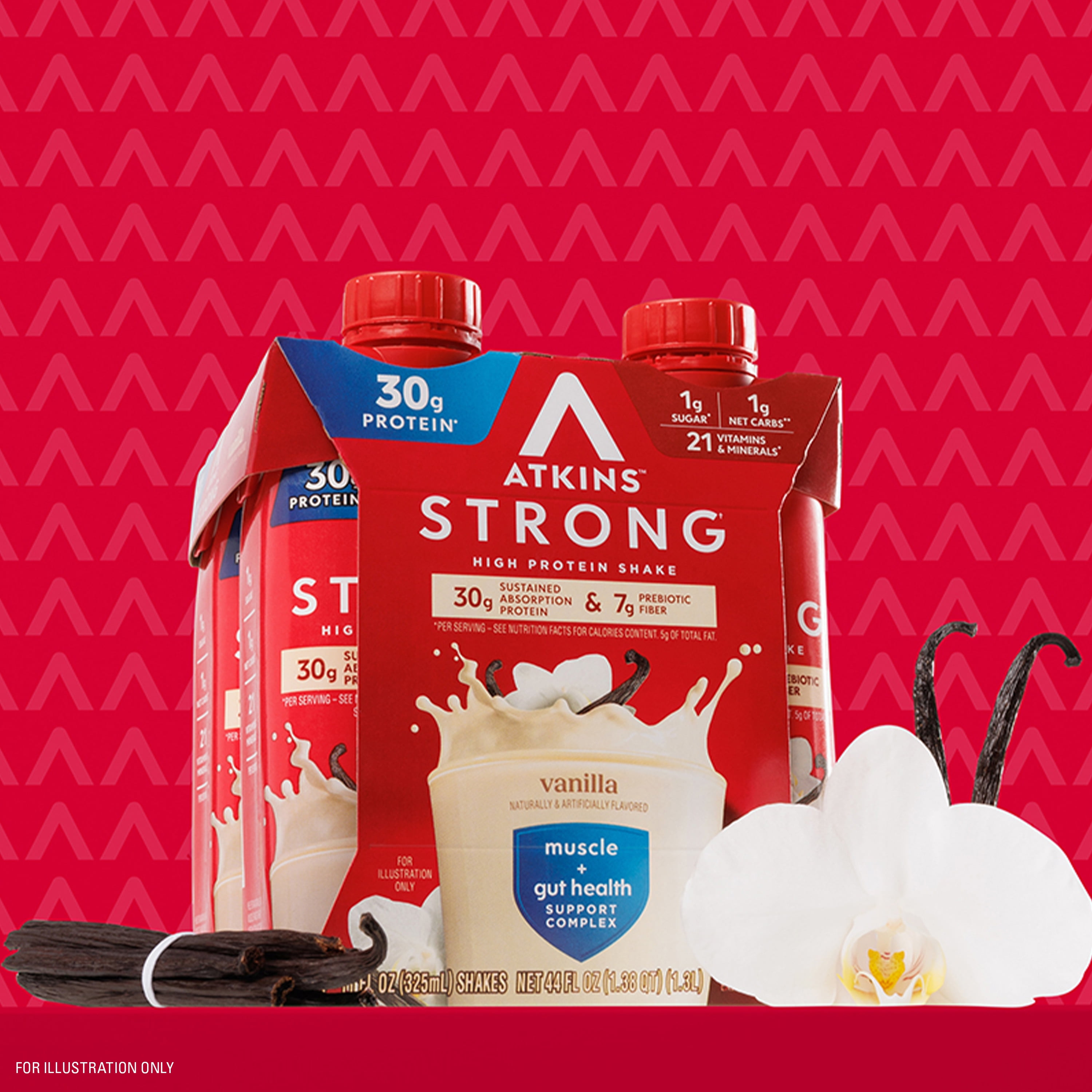 (3 pack) Atkins Strong, High Protein Shake, Vanilla, 30g of Protein, High Fiber, 4 Count