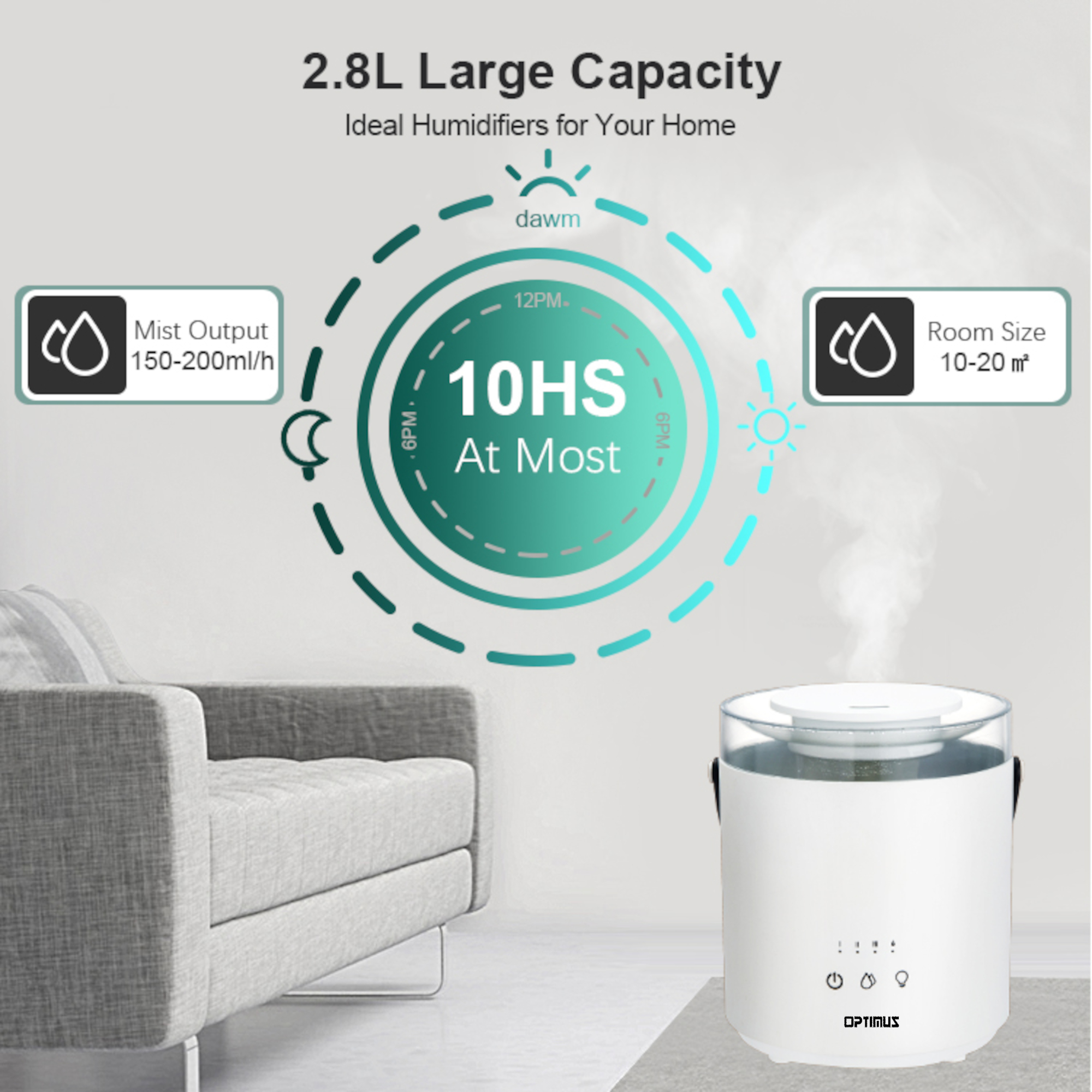 1.8 Gallon Output Top Filling Ultrasonic Humidifier, Touch Control