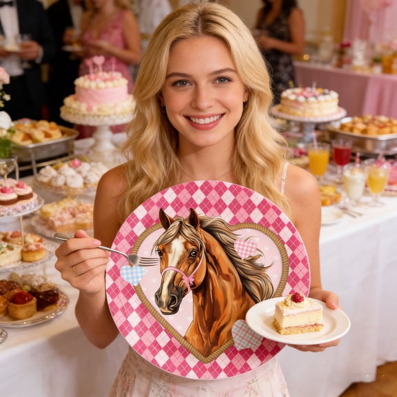 Fzsteel Year of the Horses Themed Dinner Plates with Horse Racing Design and Checkered Pattern for Party Celebration, Set of 10 in 7 and 9 Inches, Disposable Paper Plates