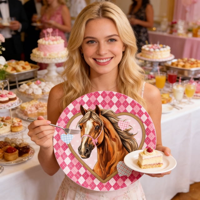 shyuyusa Year of the Horse Themed Disposable Plates, Pink Racing Horse Printed Tableware, Festival Party Dish Set with 7 Inch & 9 Inch 10Pcs Combination
