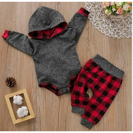 

Newborns Winter Warm 2 Pieces Clothes Set Baby Girls Boys Christmas Outfits Long Sleeve Gray Hooded Romper Tops Plaid Long Pants Set 0-18M